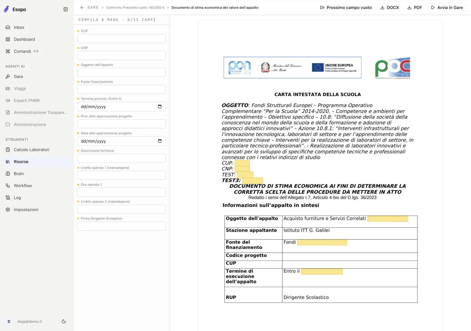 Canvas di compilazione: chat con l'agente a sinistra, documento di gara in costruzione a destra