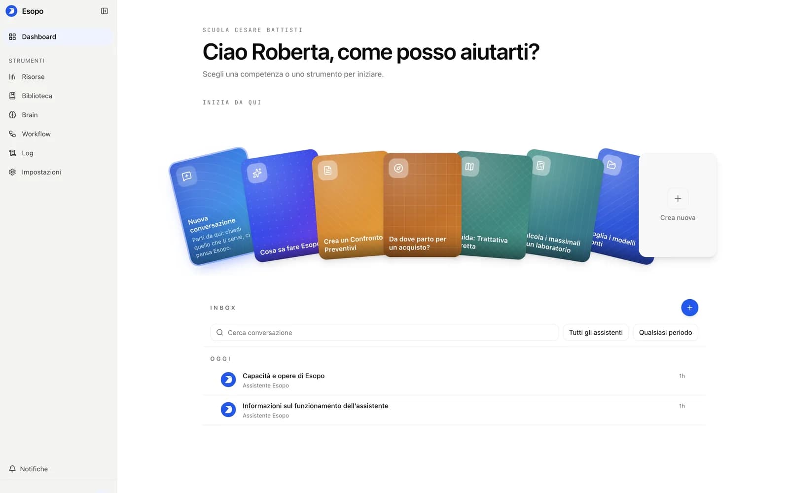 Dashboard di Esopo: le card da cui partire e l'Inbox delle conversazioni con gli assistenti