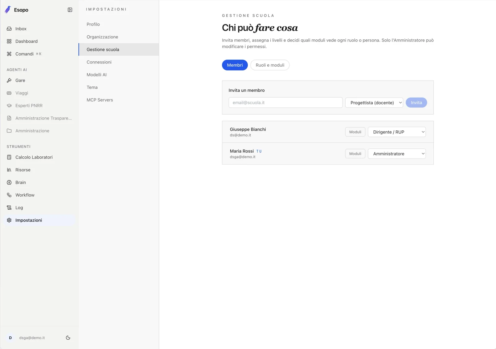 Impostazioni di Esopo: routing dei modelli AI per processo, configurabile dalla scuola senza developer