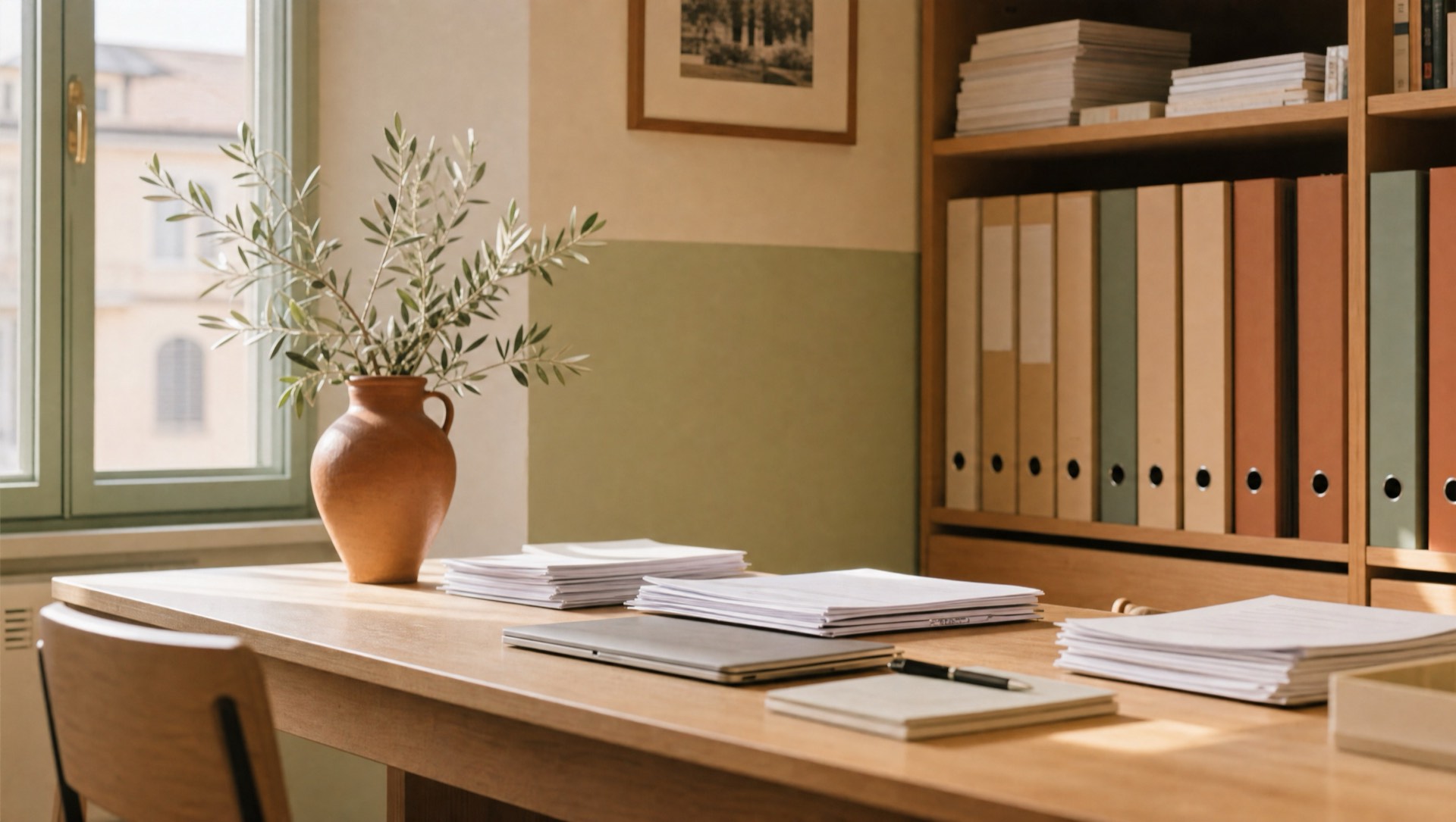 Angolo ordinato di una segreteria scolastica: scrivania in rovere chiaro con documenti e laptop, raccoglitori, ramo d'ulivo in vaso di terracotta, luce naturale del mattino
