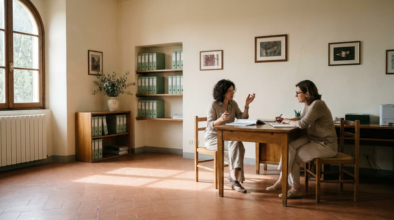 Due DSGA sedute a un tavolo di legno discutono un documento in un ufficio di segreteria
